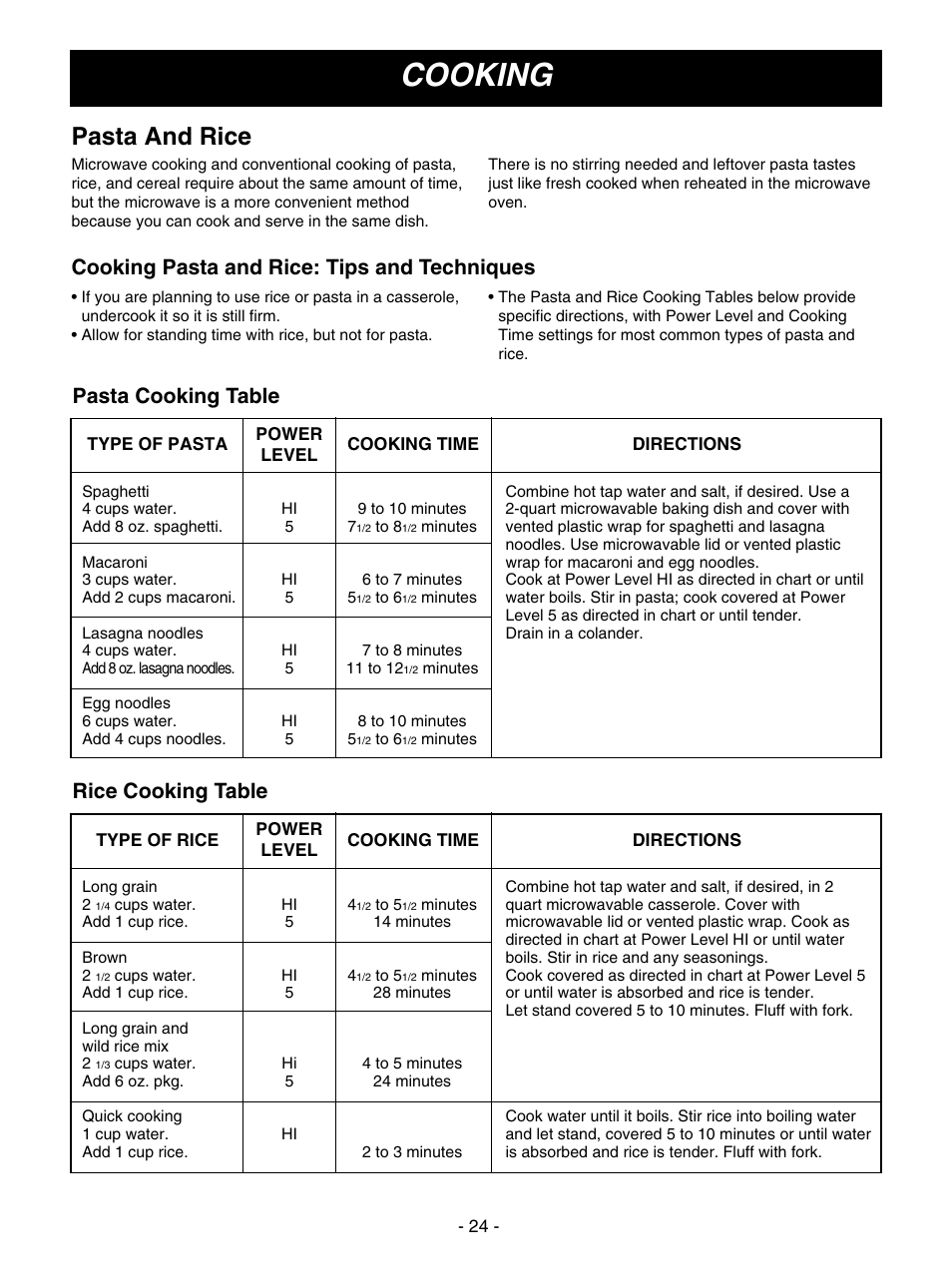 Cooking, Pasta and rice, Cooking pasta and rice: tips and techniques | Pasta cooking table, Rice cooking table | LG MV1501B User Manual | Page 24 / 30