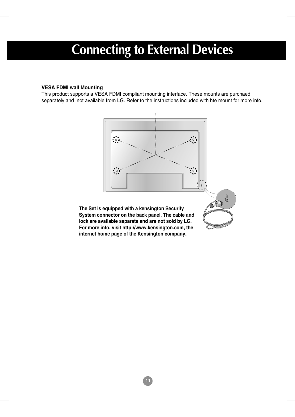 Vesa fdmi wall mounting, Kensington securify system, Connecting to external devices | LG M3202C-BA User Manual | Page 12 / 68
