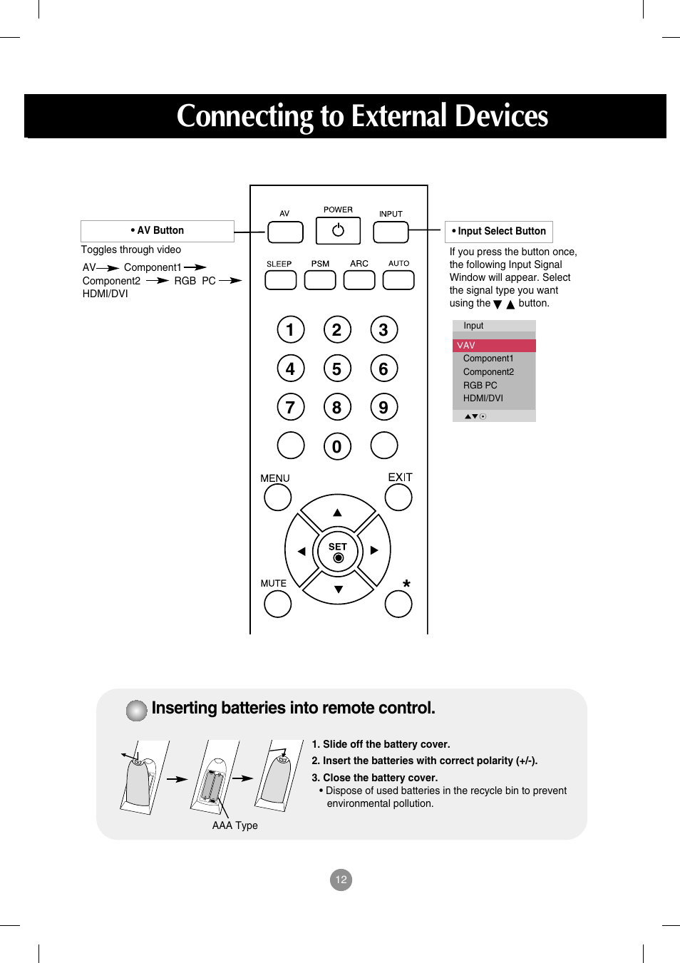 Inserting batteries into remote control, Connecting to external devices | LG M3202C-BA User Manual | Page 13 / 68