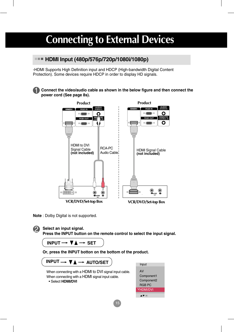 Hdmi input (480p/576p/720p/1080i/1080p), Connecting to external devices | LG M3202C-BA User Manual | Page 16 / 68