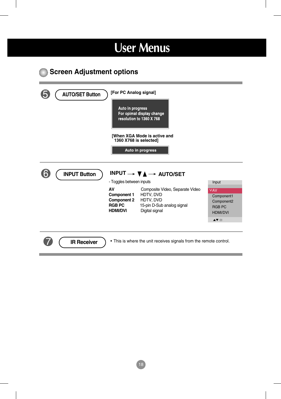 User menus, Screen adjustment options | LG M3202C-BA User Manual | Page 19 / 68