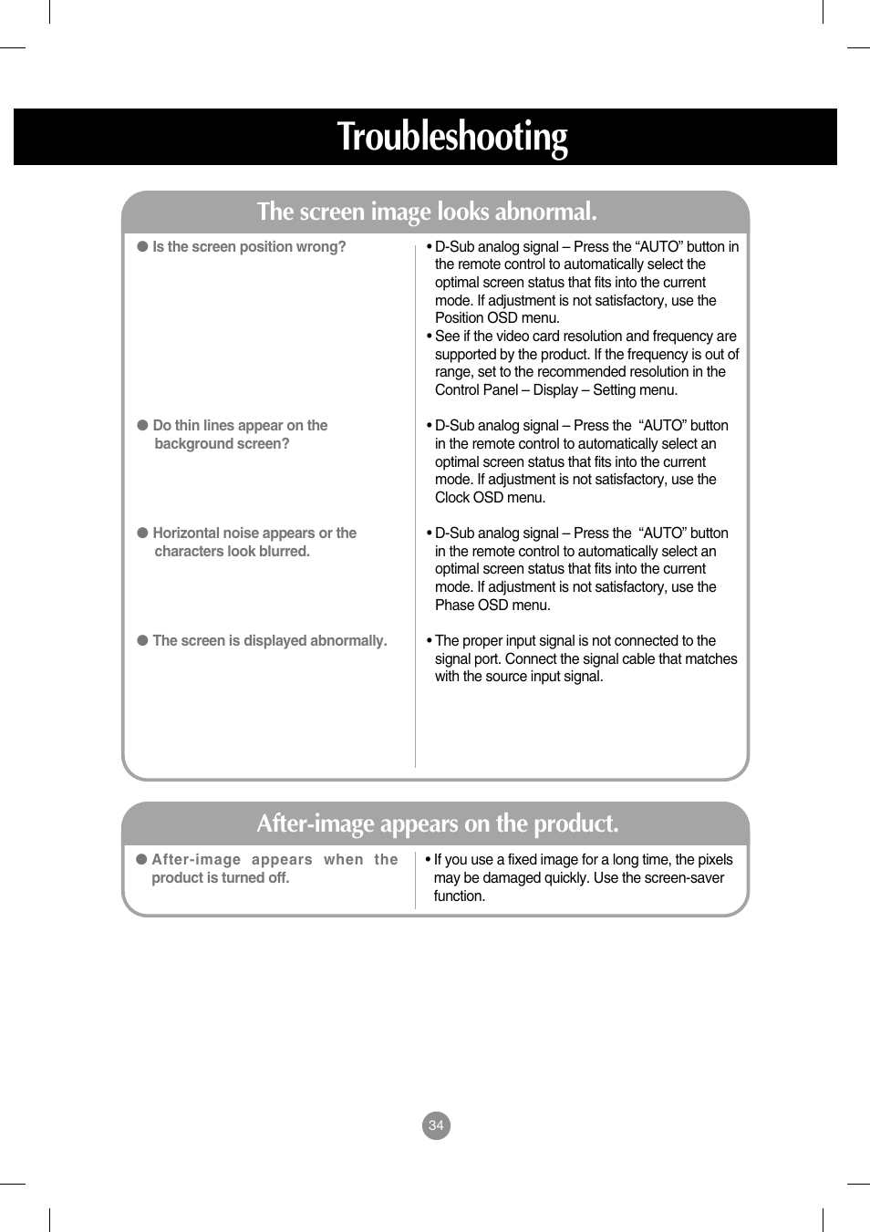 The screen image looks abnormal, After-image appears on the product, Troubleshooting | LG M3202C-BA User Manual | Page 35 / 68