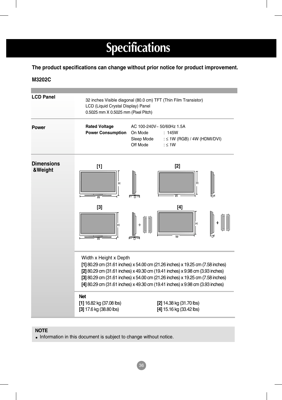 M3202c, Specifications | LG M3202C-BA User Manual | Page 37 / 68