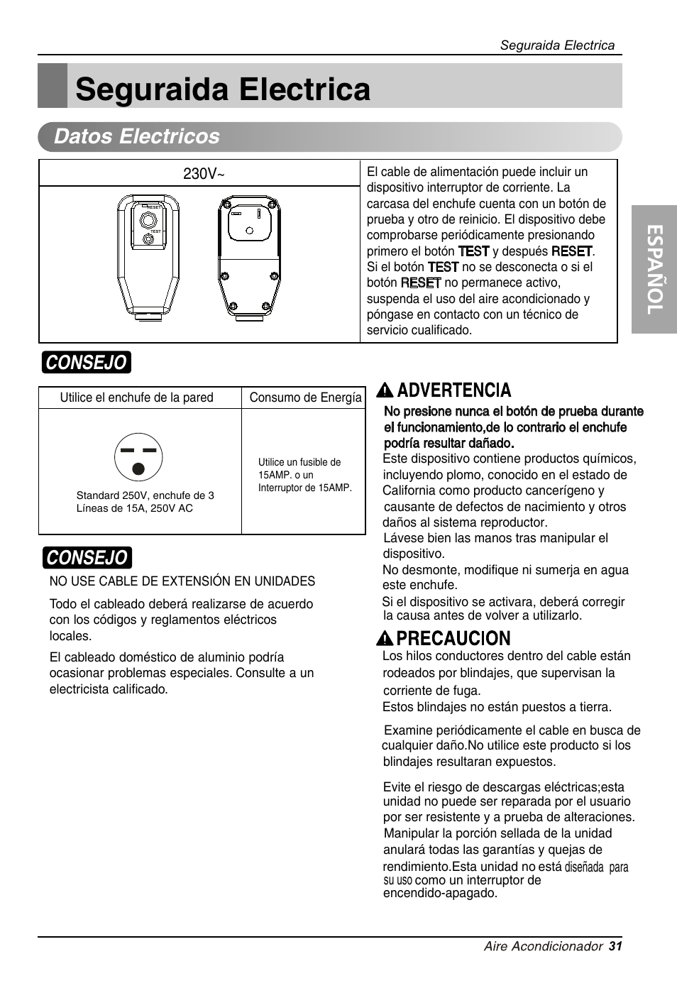 Seguraida electrica, Datos electricos, Esp añol | Consejo | LG LT1033CNR User Manual | Page 31 / 48