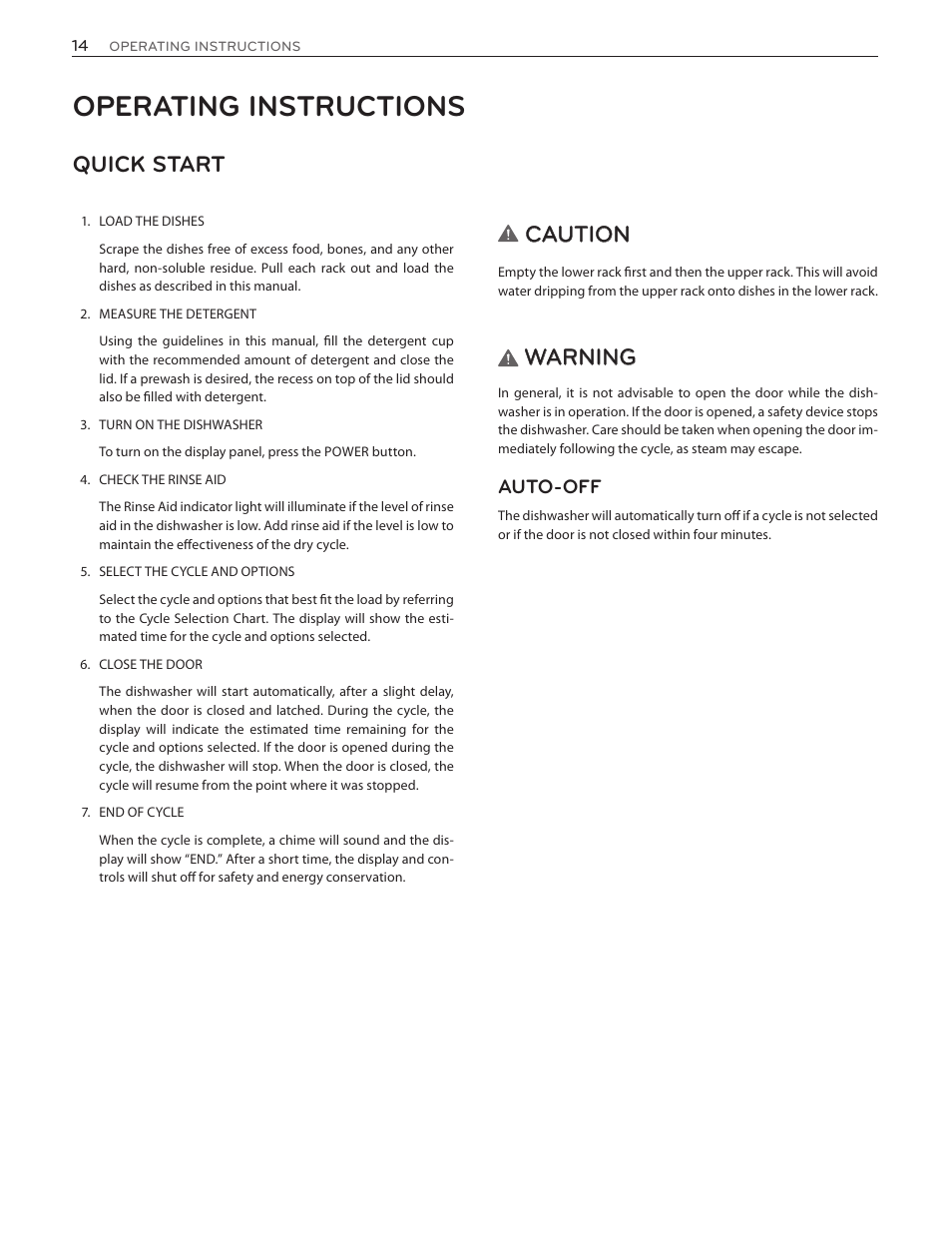 Operating instructions, Quick start, Caution | Warning, Auto-off | LG LDF7774WW User Manual | Page 14 / 100