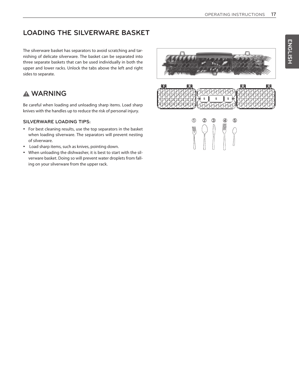 Loading the silverware basket, Warning, English | LG LDF7774WW User Manual | Page 17 / 100