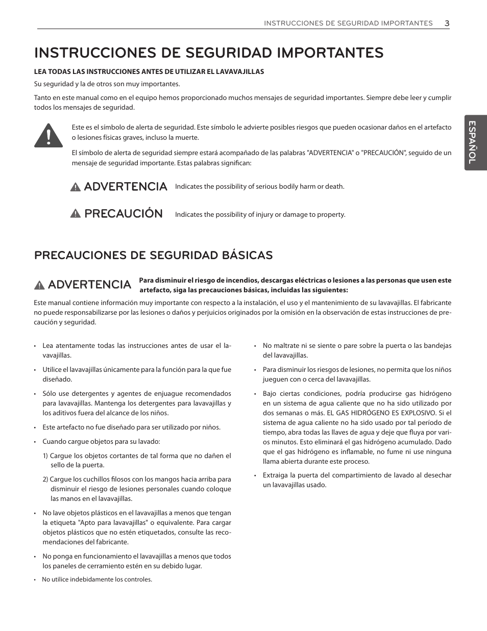 Instrucciones de seguridad importantes, Advertencia, Precaución | Precauciones de seguridad básicas | LG LDF7774WW User Manual | Page 35 / 100