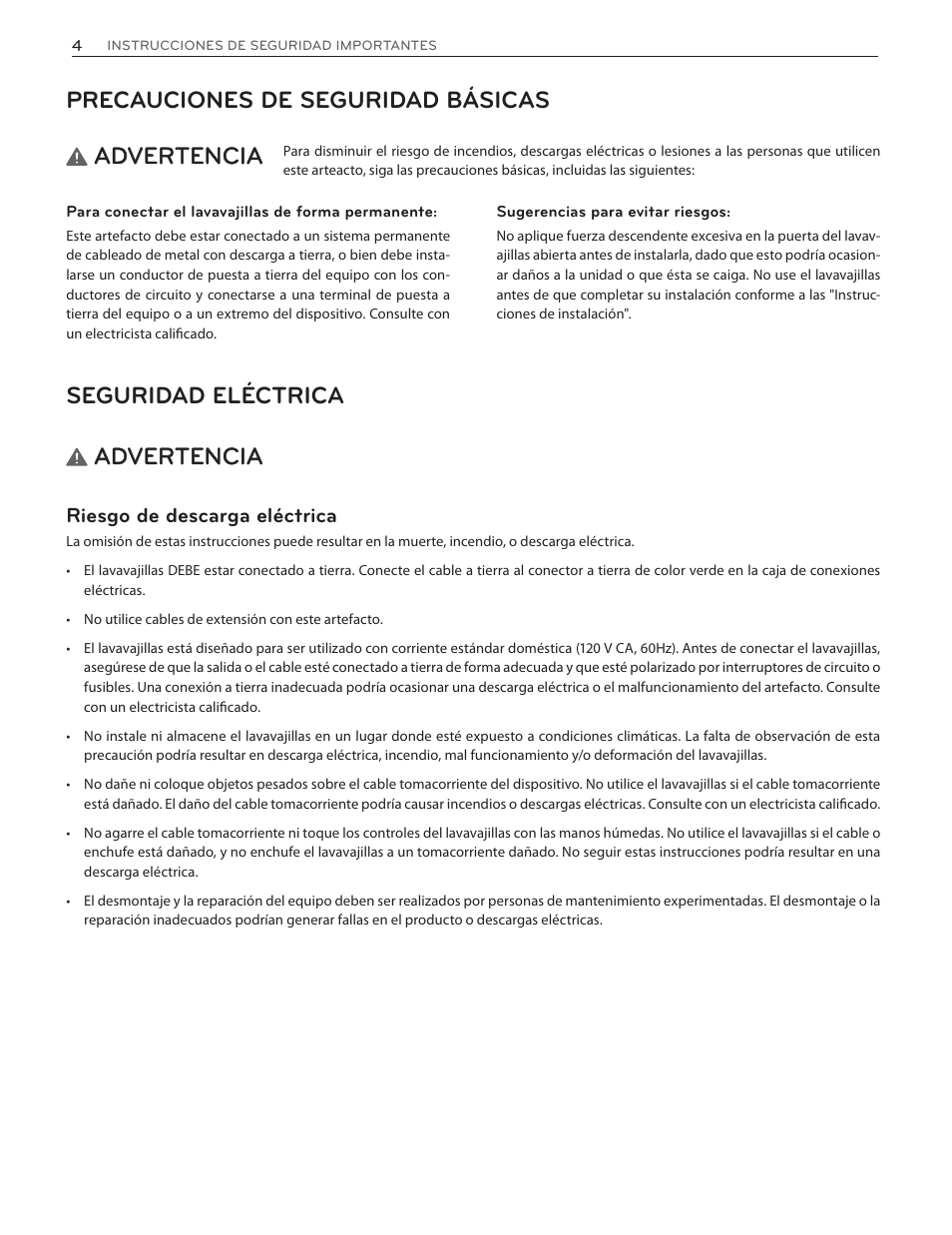 Precauciones de seguridad básicas, Advertencia, Seguridad eléctrica | Riesgo de descarga eléctrica | LG LDF7774WW User Manual | Page 36 / 100