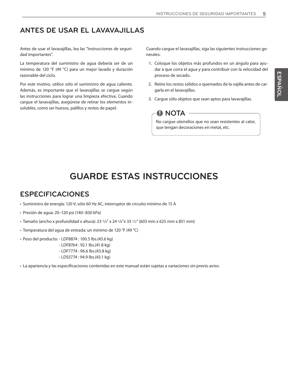 Guarde estas instrucciones, Antes de usar el lavavajillas, Nota especificaciones | LG LDF7774WW User Manual | Page 37 / 100