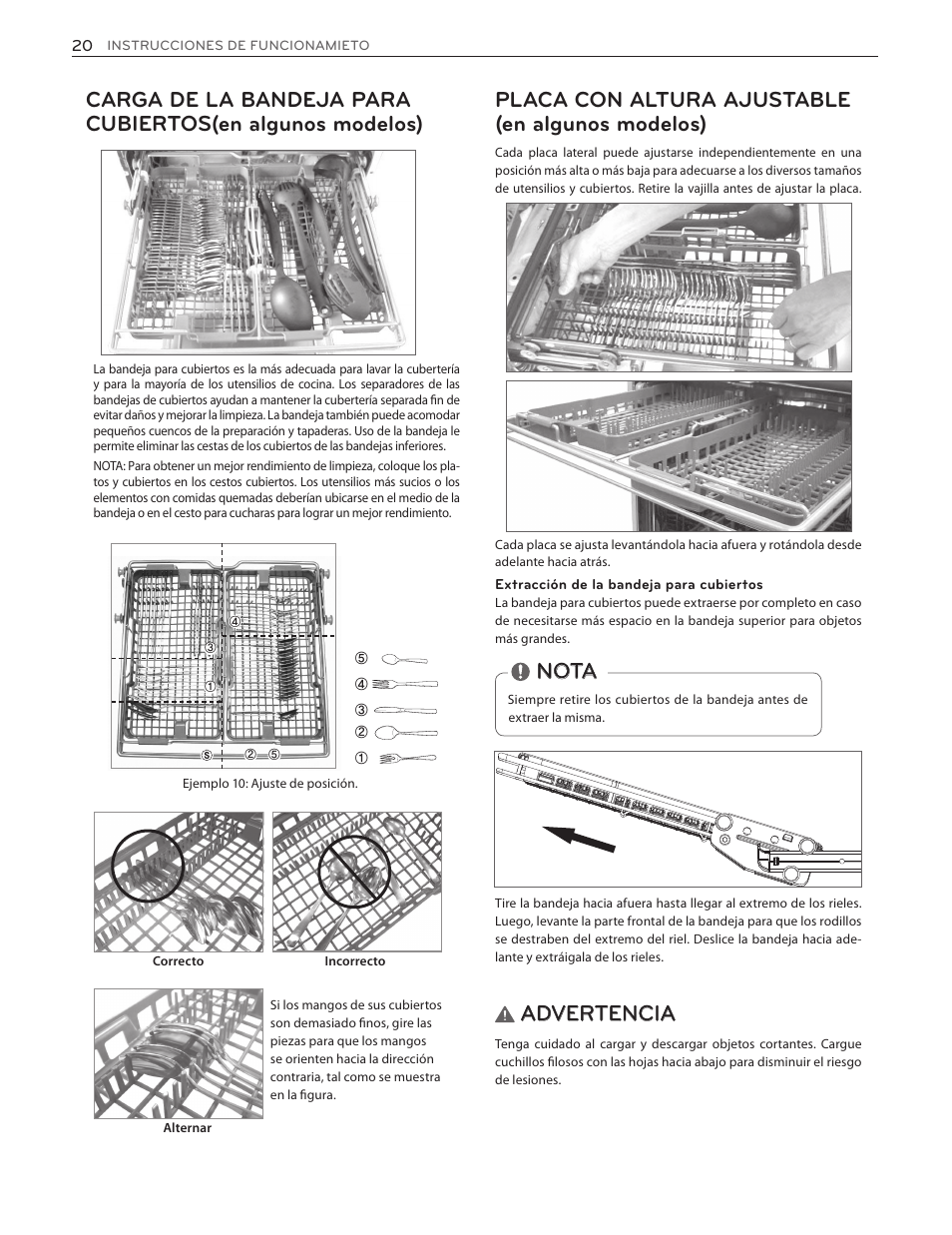 Placa con altura ajustable (en algunos modelos), Nota, Advertencia | LG LDF7774WW User Manual | Page 52 / 100