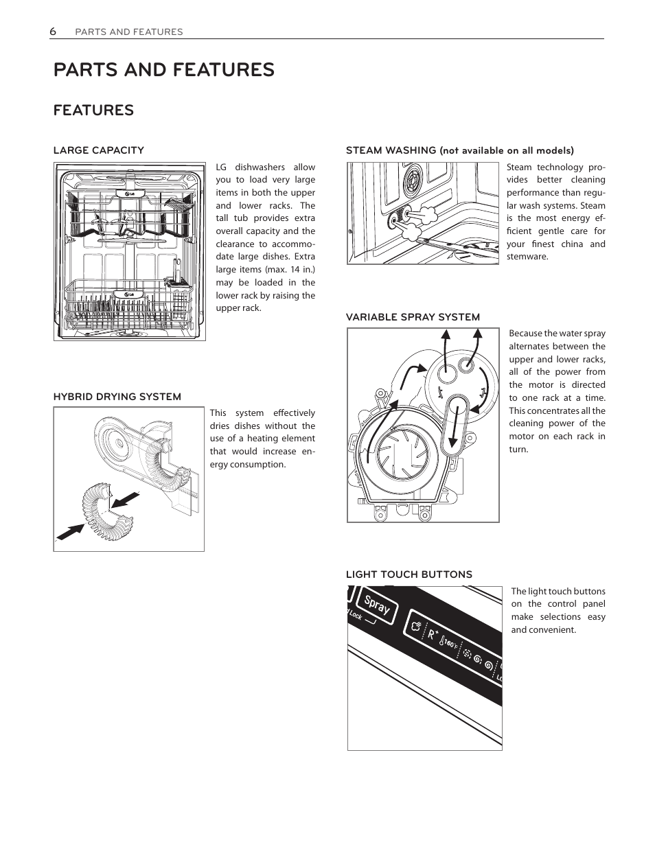 Parts and features, Features | LG LDF7774WW User Manual | Page 6 / 100