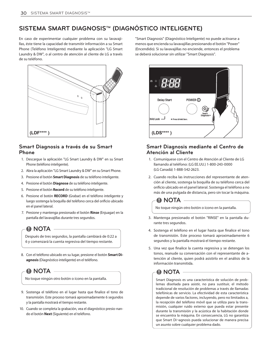 Sistema smart diagnosis™ (diagnóstico inteligente), Nota, Smart diagnosis a través de su smart phone | LG LDF7774WW User Manual | Page 62 / 100