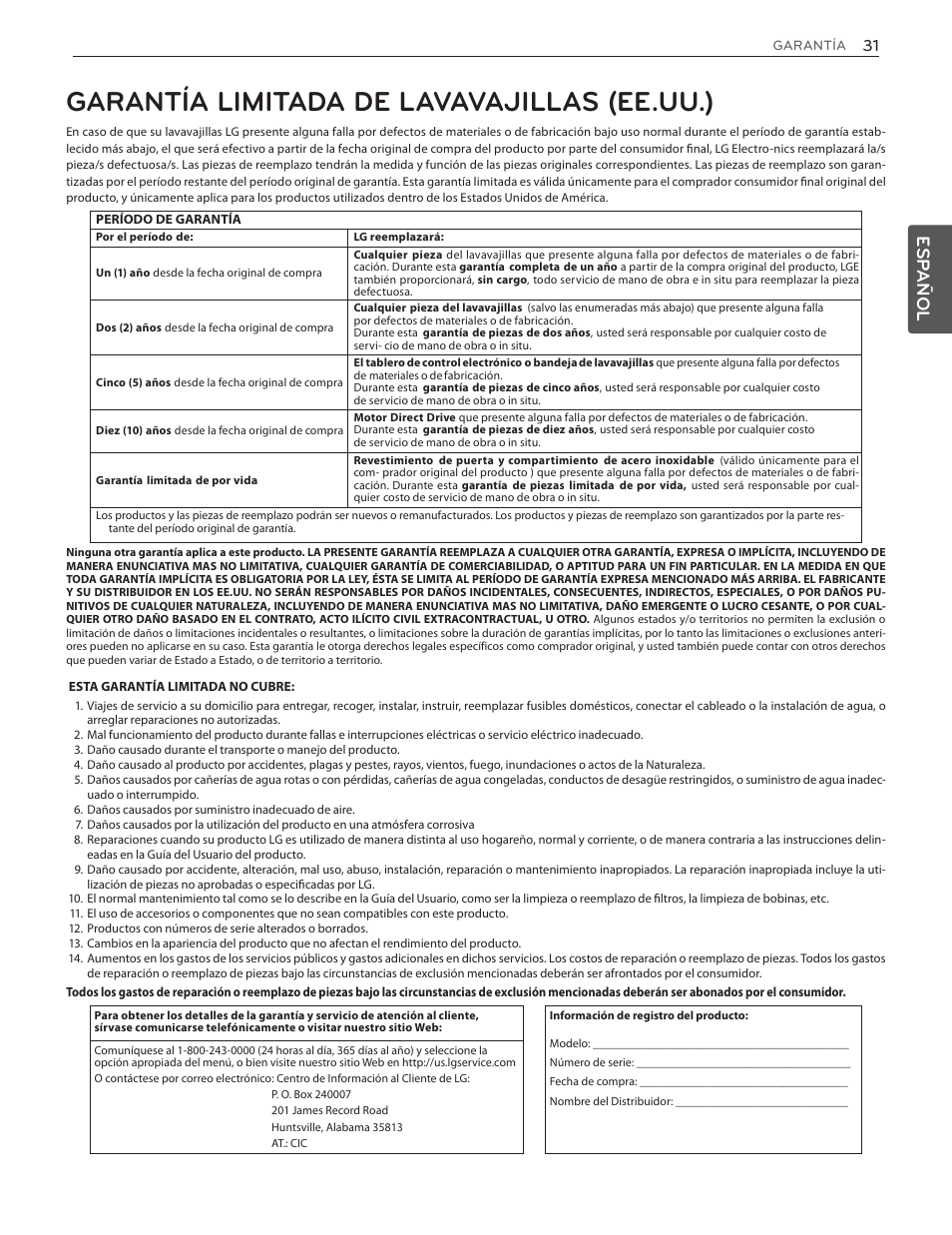 Garantía limitada de lavavajillas (ee.uu.), Esp añol | LG LDF7774WW User Manual | Page 63 / 100