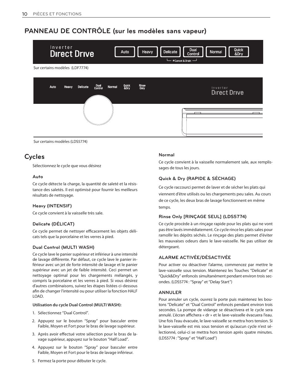 Panneau de contrôle (sur les modèles sans vapeur), Cycles | LG LDF7774WW User Manual | Page 74 / 100