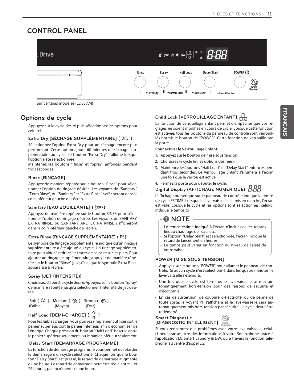 Control panel, Options de cycle, Tiz][<w]kp8t][-6/ีුጎჭᅎ8ti\mၦხ࿨ཅ૬໏ᅰ | Francais | LG LDF7774WW User Manual | Page 75 / 100