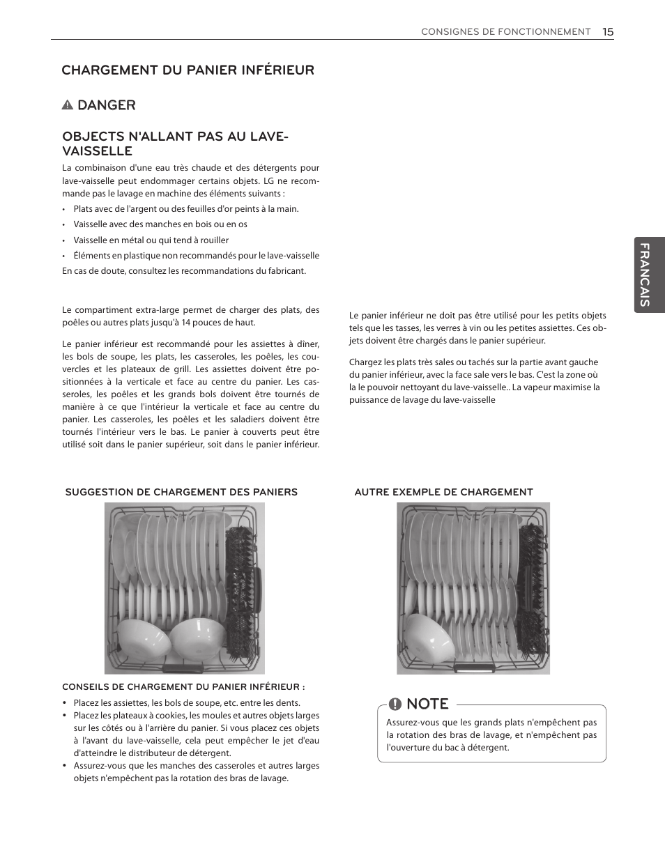 Chargement du panier inférieur, Danger, Objects n'allant pas au lave- vaisselle | LG LDF7774WW User Manual | Page 79 / 100