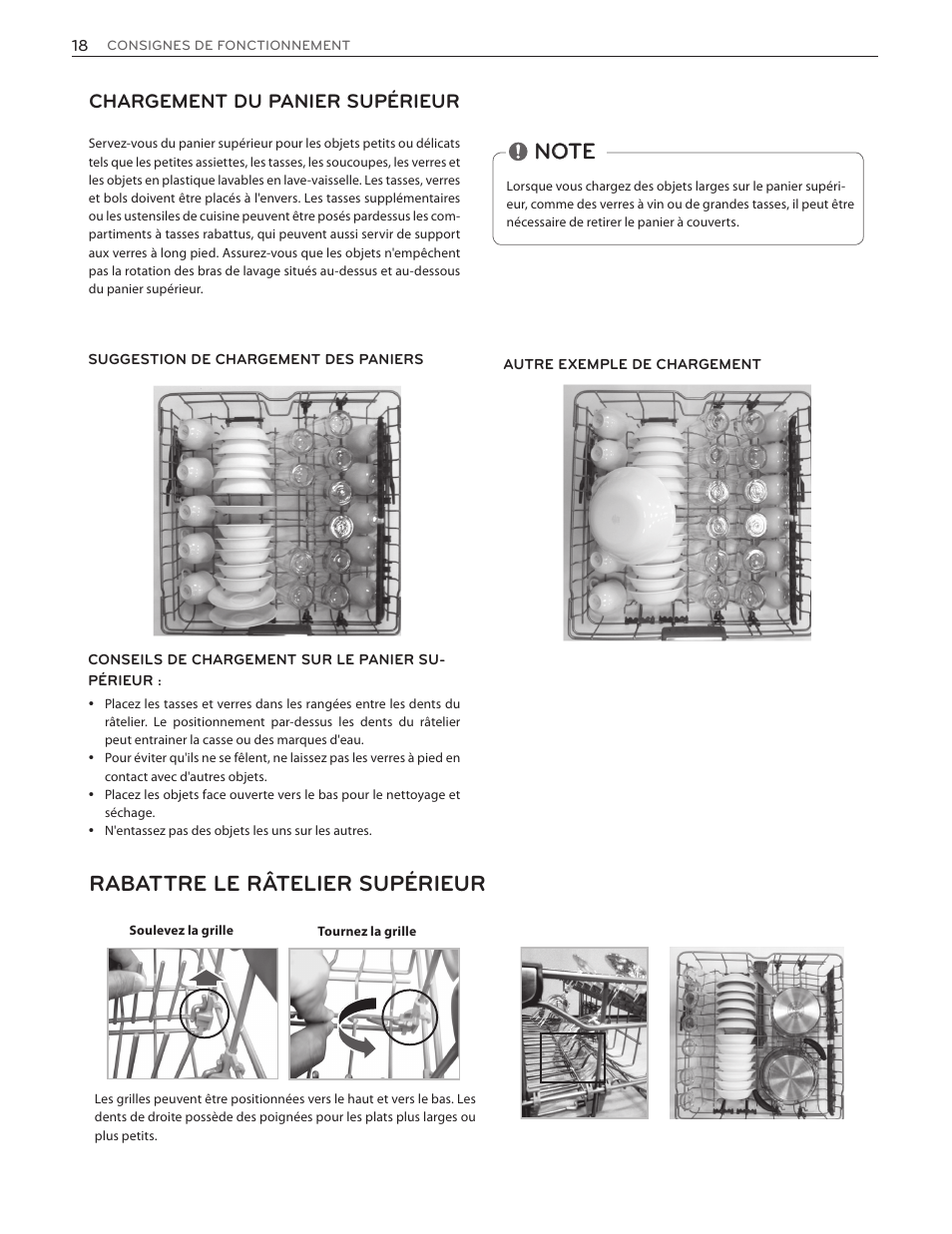 Rabattre le râtelier supérieur, Chargement du panier supérieur | LG LDF7774WW User Manual | Page 82 / 100