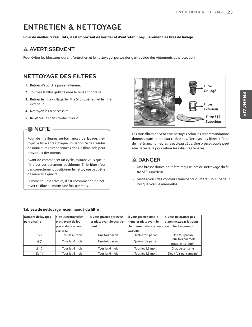 Entretien & nettoyage, Nettoyage des filtres, Avertissement | Danger, Francais | LG LDF7774WW User Manual | Page 87 / 100