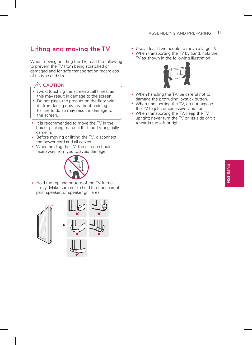 Lifting and moving the tv | LG 50LB6100 User Manual | Page 11 / 24