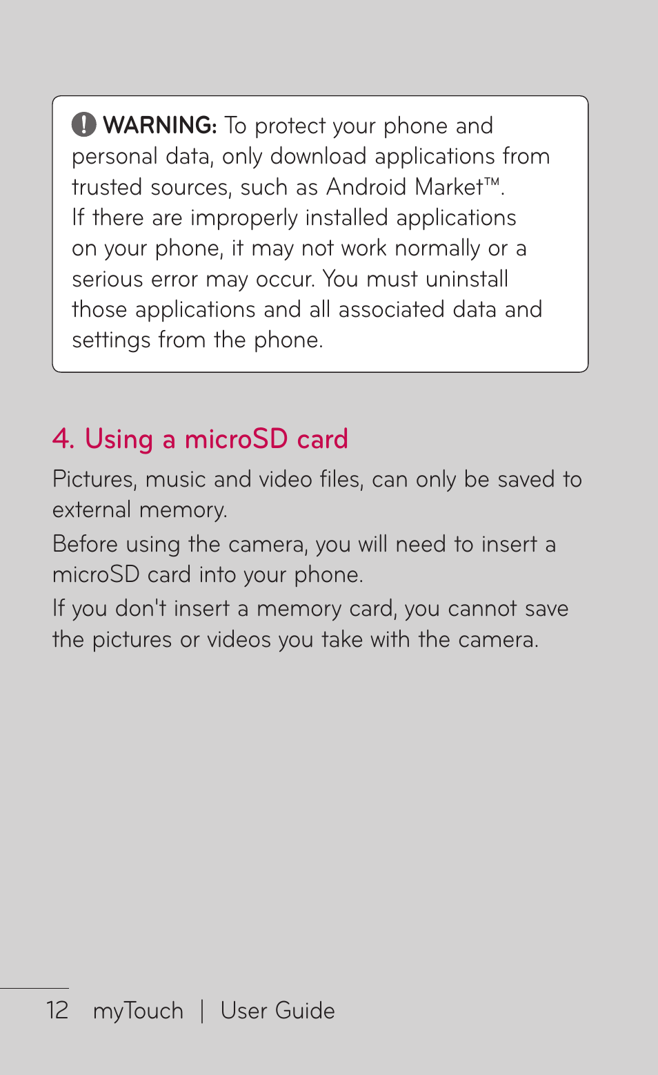 Using a microsd card | LG LGE739BK User Manual | Page 12 / 312