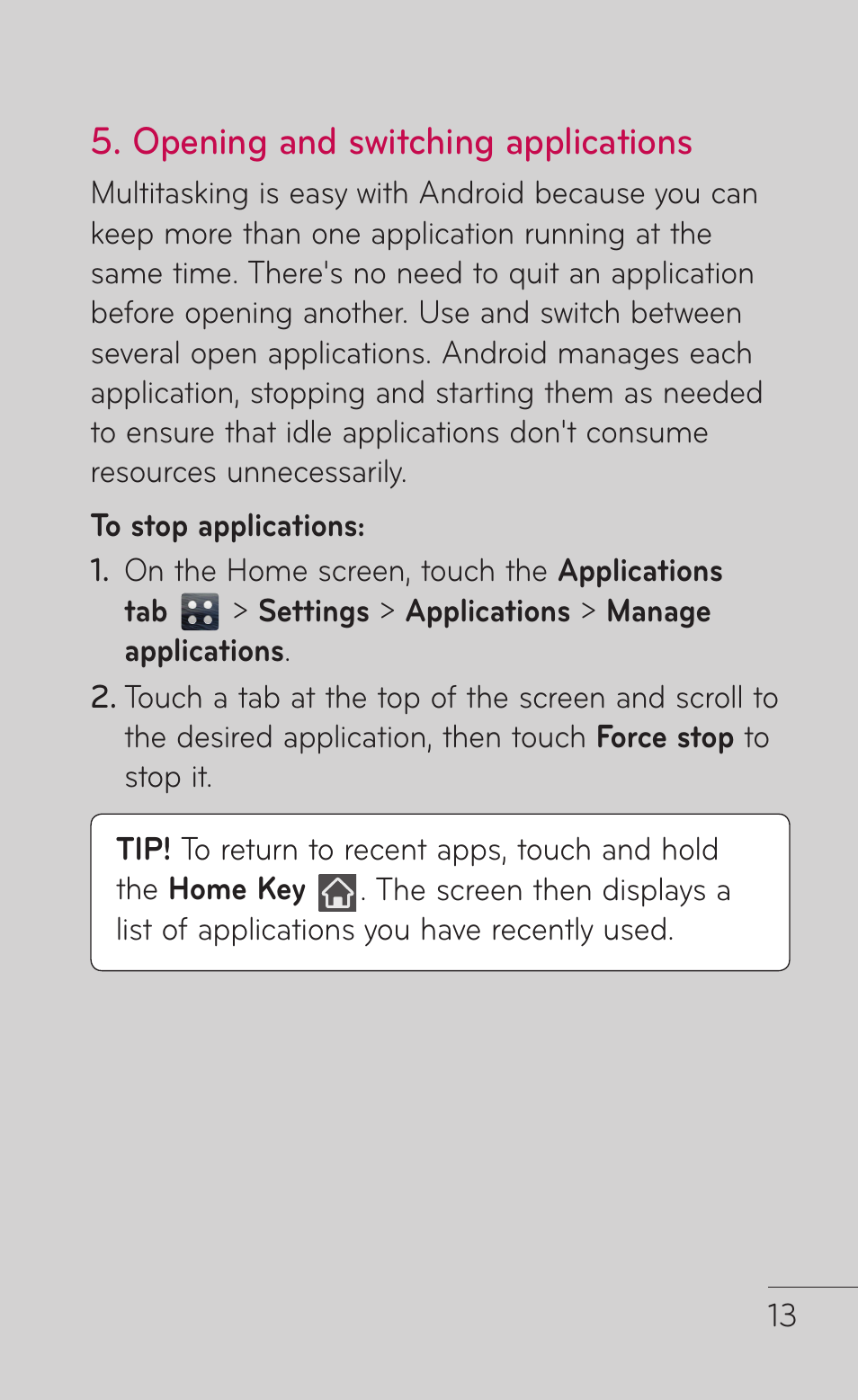 Opening and switching applications | LG LGE739BK User Manual | Page 13 / 312