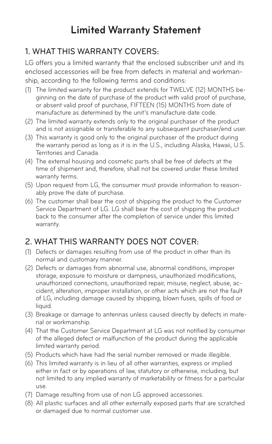 Limited warranty statement, What this warranty covers, What this warranty does not cover | LG LGE739BK User Manual | Page 146 / 312