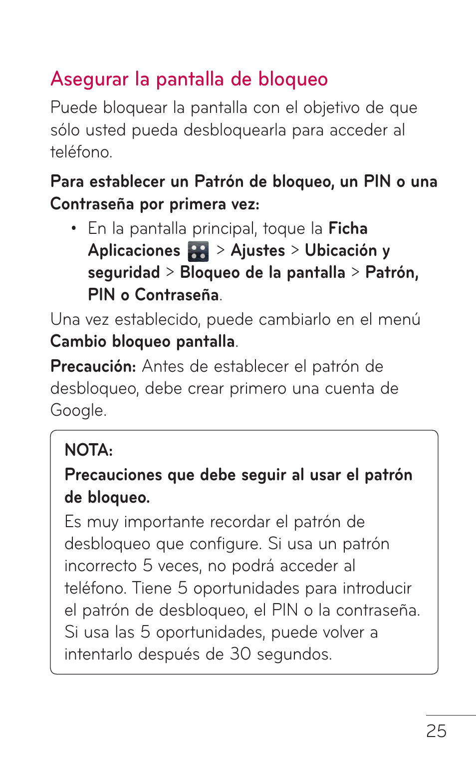 Asegurar la pantalla de bloqueo, Asegurar la pantalla de, Bloqueo | LG LGE739BK User Manual | Page 173 / 312