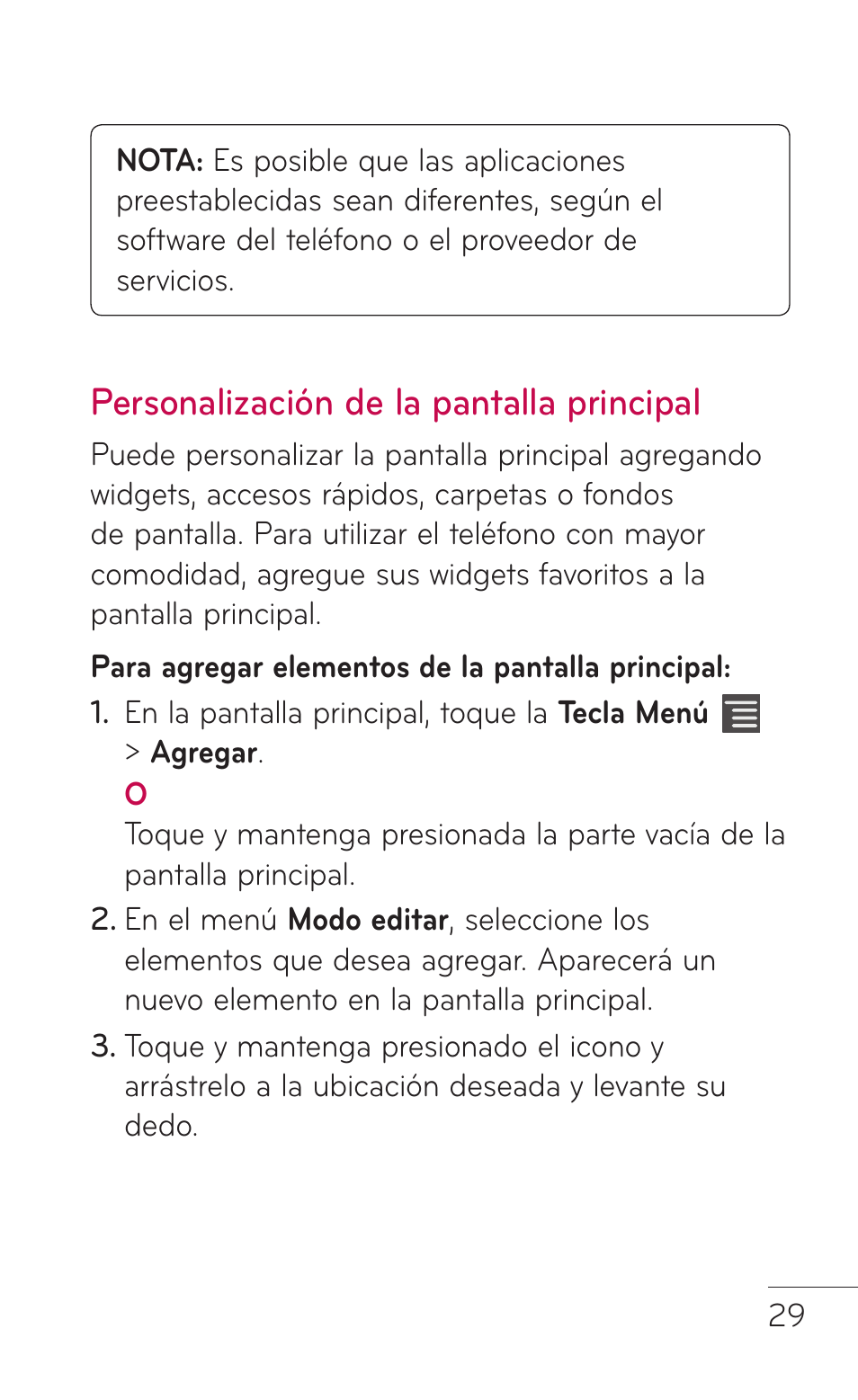 Personalización de la pantalla principal, Personalización de la, Pantalla principal | LG LGE739BK User Manual | Page 177 / 312