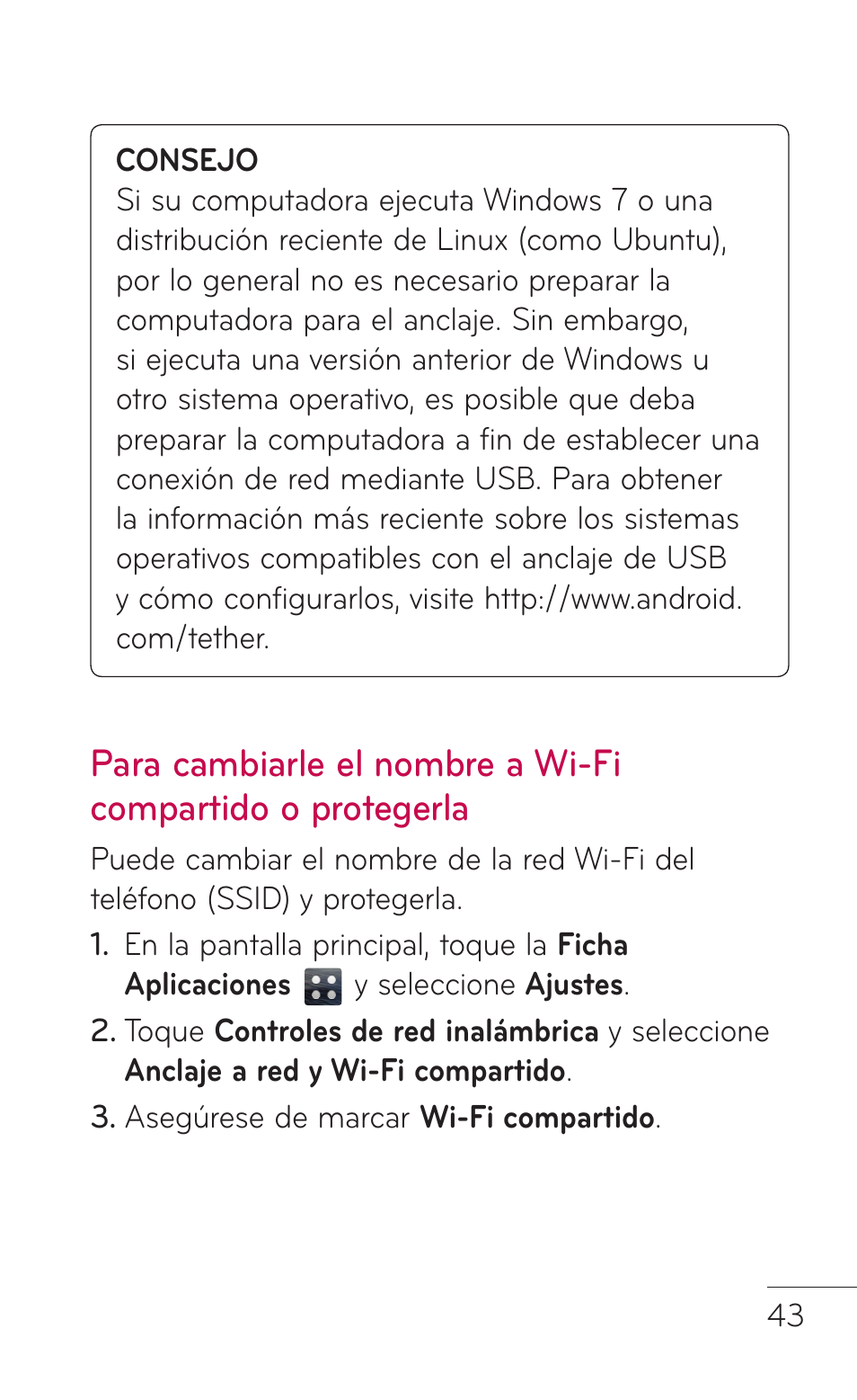 Para cambiarle el nombre, A wi-fi compartido o, Protegerla | LG LGE739BK User Manual | Page 191 / 312