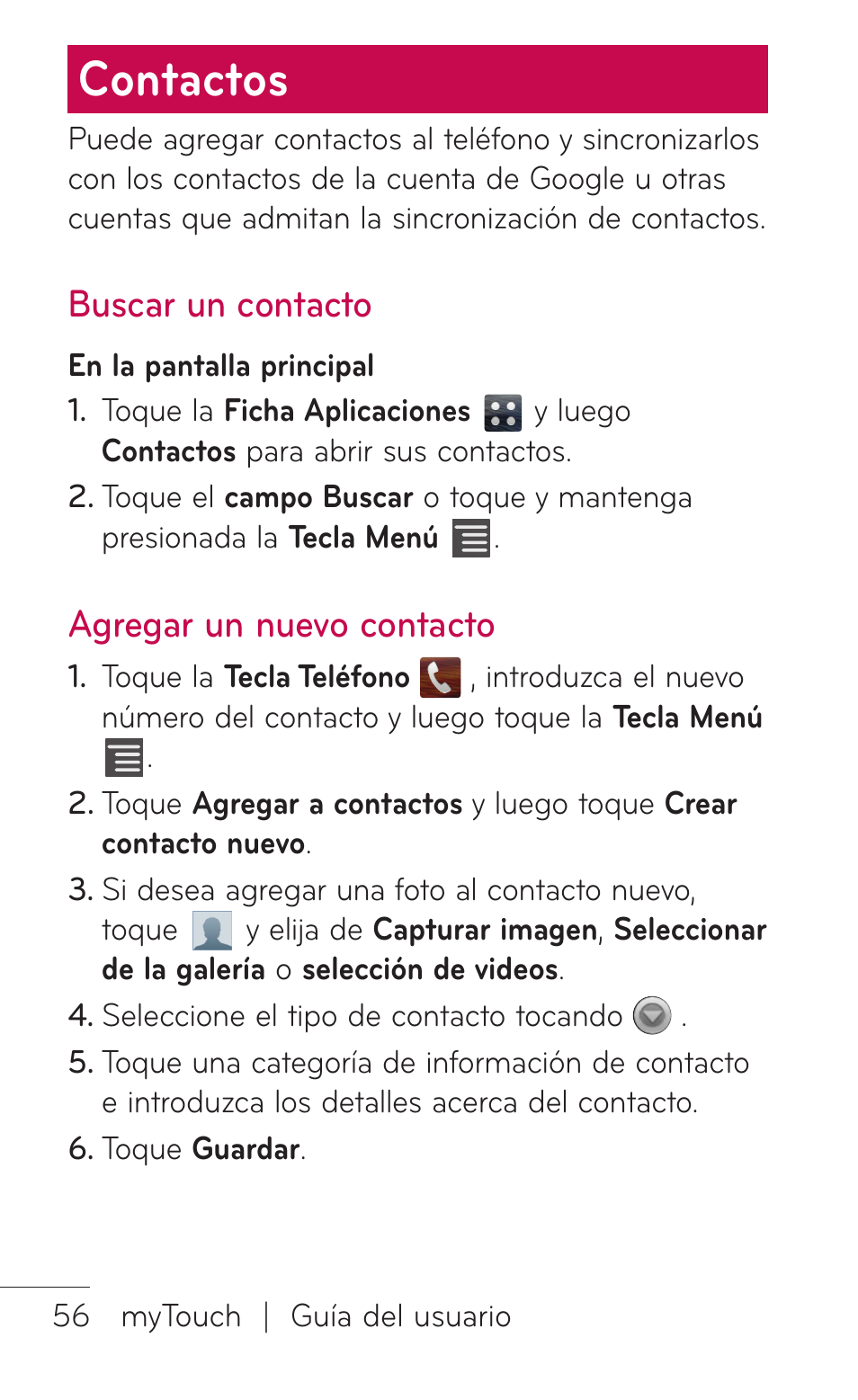 Contactos, Buscar un contacto, Agregar un nuevo contacto | Buscar un contacto agregar un nuevo, Contacto | LG LGE739BK User Manual | Page 204 / 312