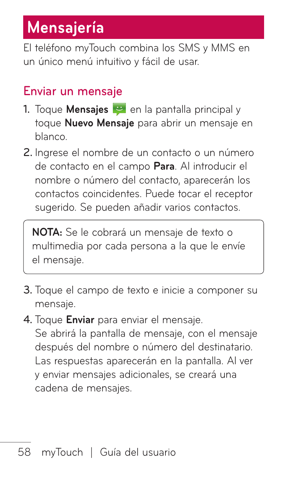 Mensajería, Enviar un mensaje | LG LGE739BK User Manual | Page 206 / 312