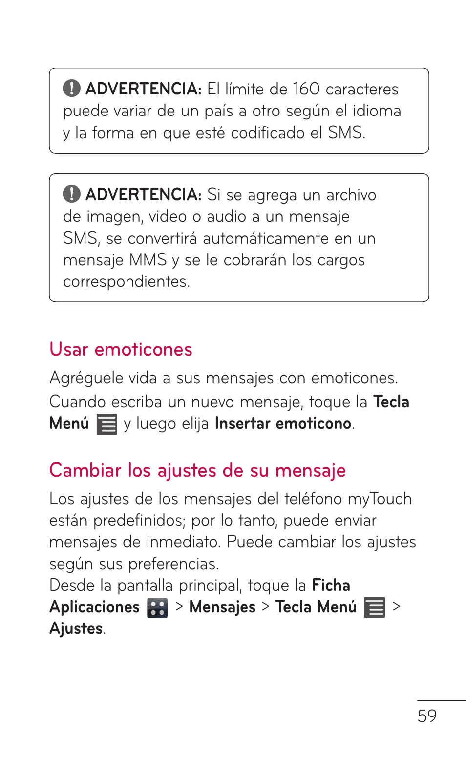 Usar emoticones, Cambiar los ajustes de su mensaje, Usar emoticones cambiar los ajustes de | Su mensaje | LG LGE739BK User Manual | Page 207 / 312