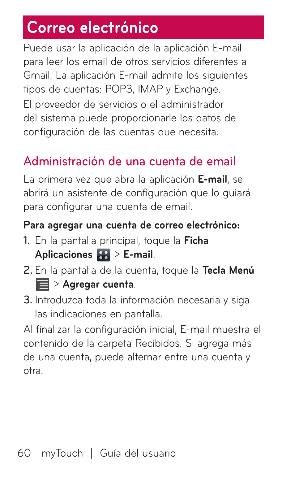 Correo electrónico, Administración de una cuenta de email, Administración de una | Cuenta de email | LG LGE739BK User Manual | Page 208 / 312