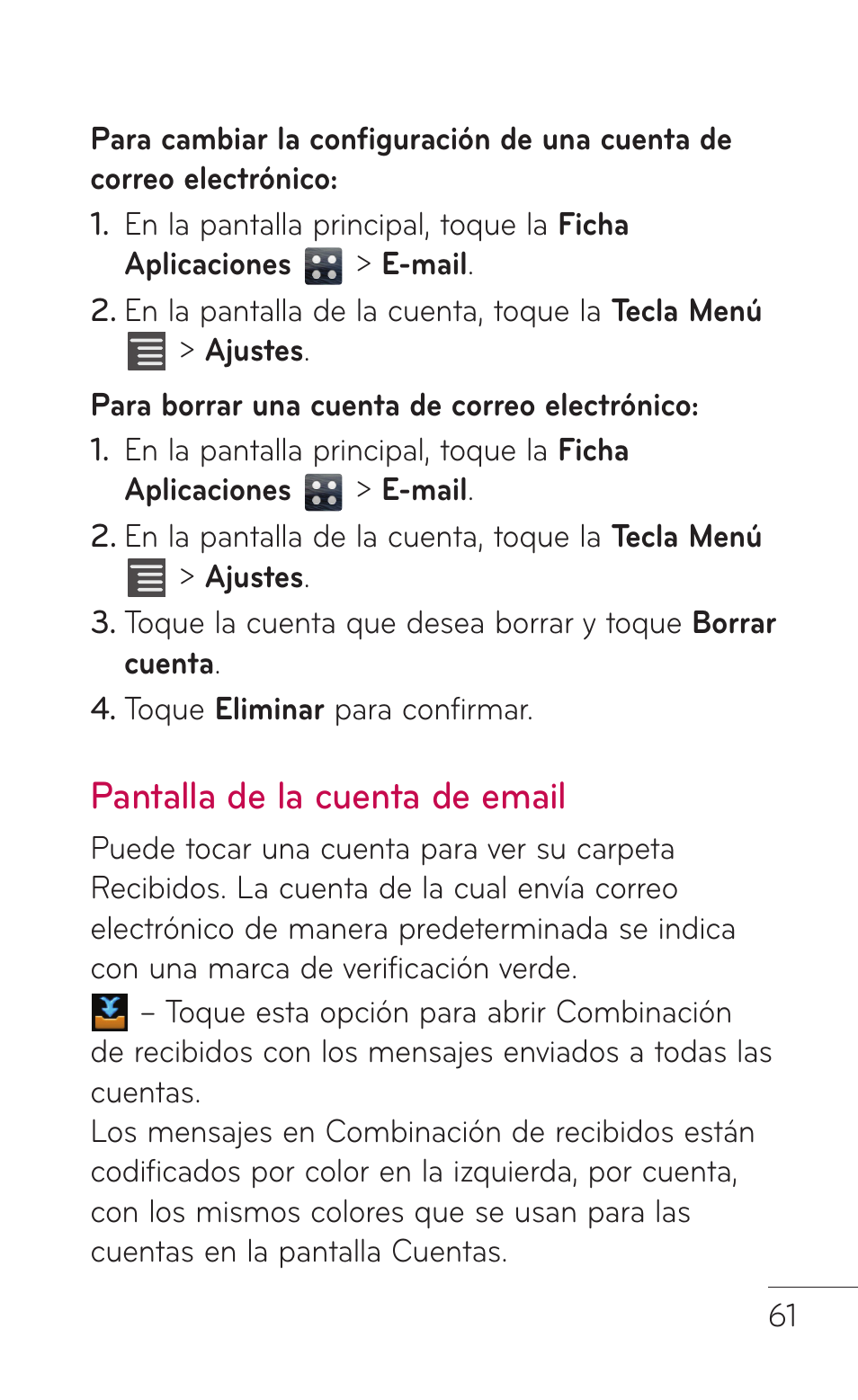 Pantalla de la cuenta de email, Pantalla de la cuenta de, Email | LG LGE739BK User Manual | Page 209 / 312