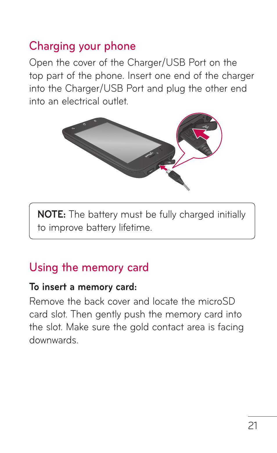 Charging your phone, Using the memory card, Charging your phone using the memory card | LG LGE739BK User Manual | Page 21 / 312