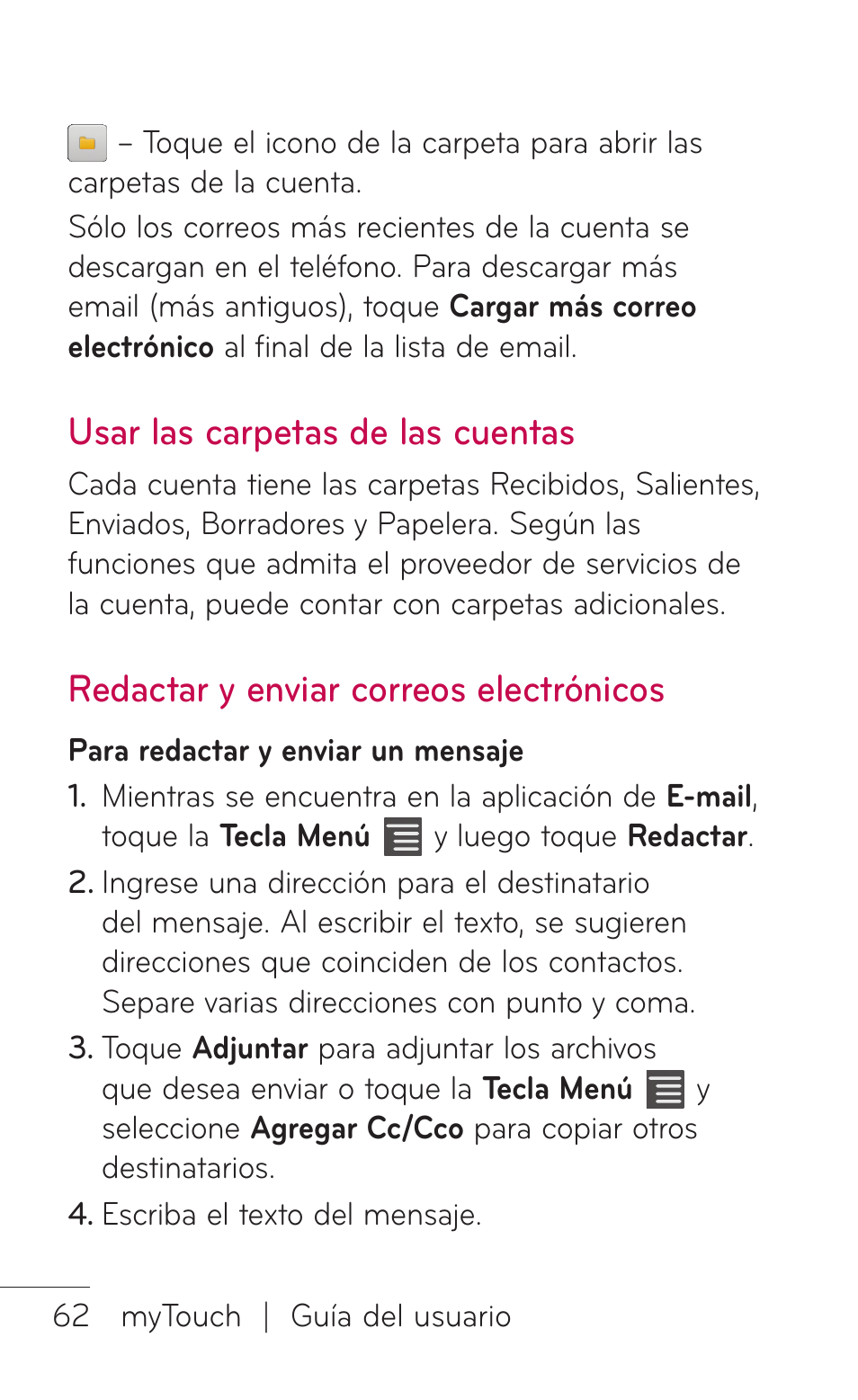 Usar las carpetas de las cuentas, Redactar y enviar correos electrónicos, Usar las carpetas de las | Cuentas redactar y enviar correos, Electrónicos | LG LGE739BK User Manual | Page 210 / 312