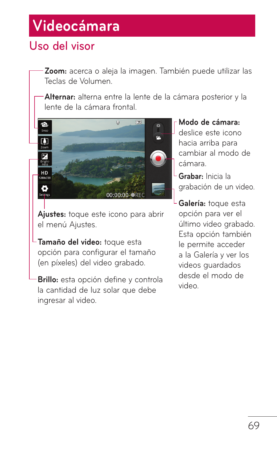 Videocámara, Uso del visor | LG LGE739BK User Manual | Page 217 / 312