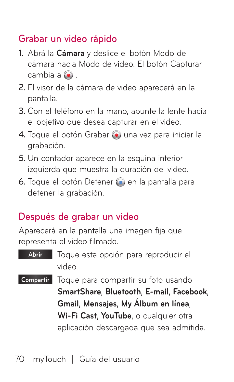 Grabar un video rápido, Después de grabar un video, Después de grabar un | Video | LG LGE739BK User Manual | Page 218 / 312