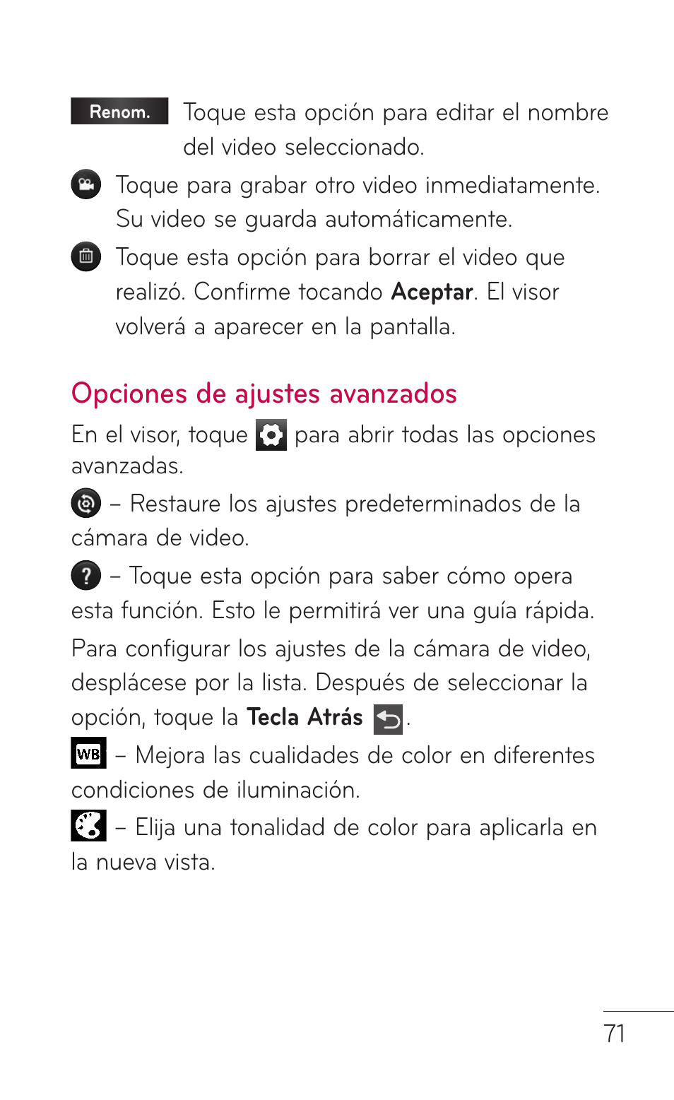 Opciones de ajustes avanzados, Opciones de ajustes, Avanzados | LG LGE739BK User Manual | Page 219 / 312