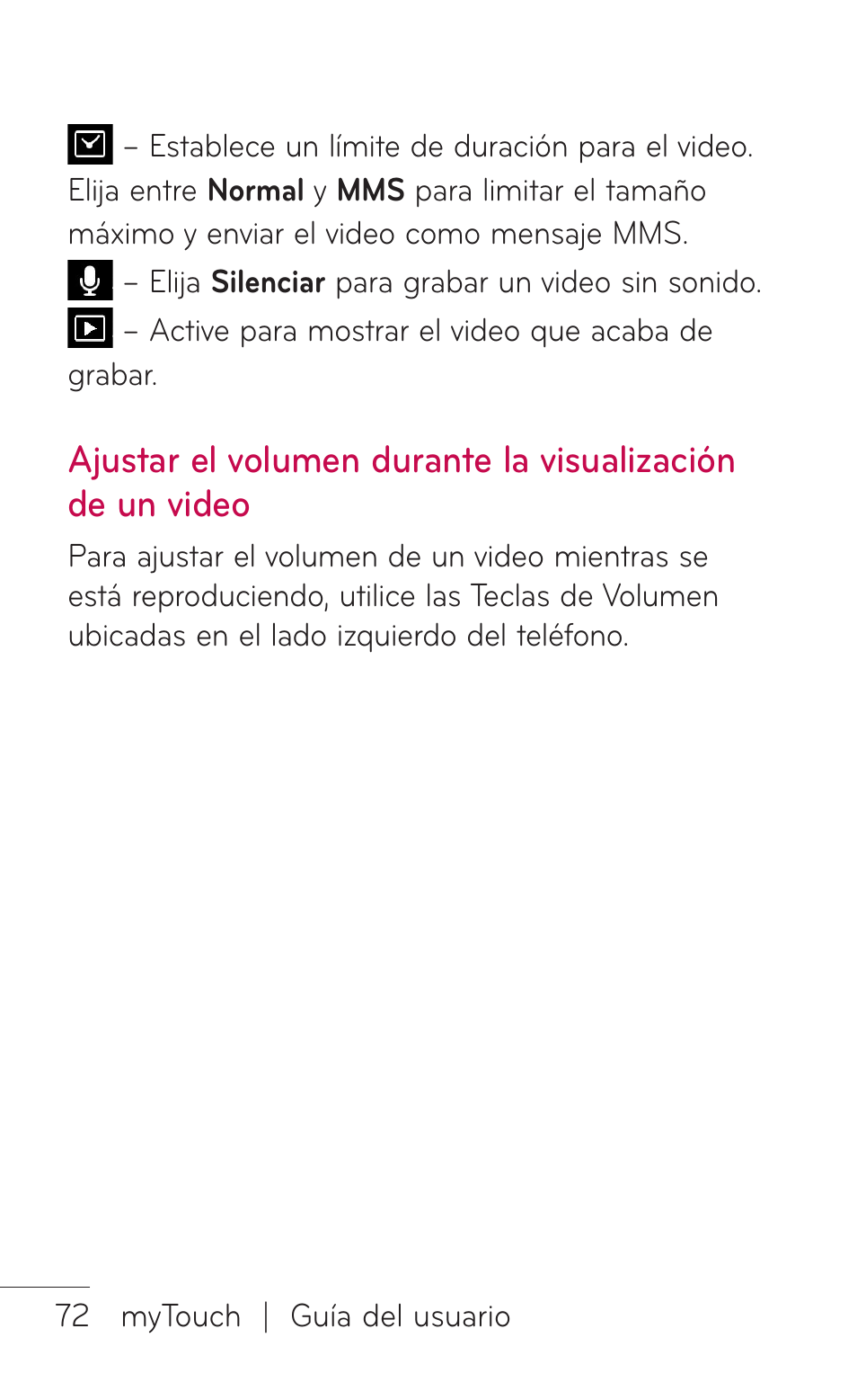 Ajustar el volumen, Durante la visualización de, Un video | LG LGE739BK User Manual | Page 220 / 312