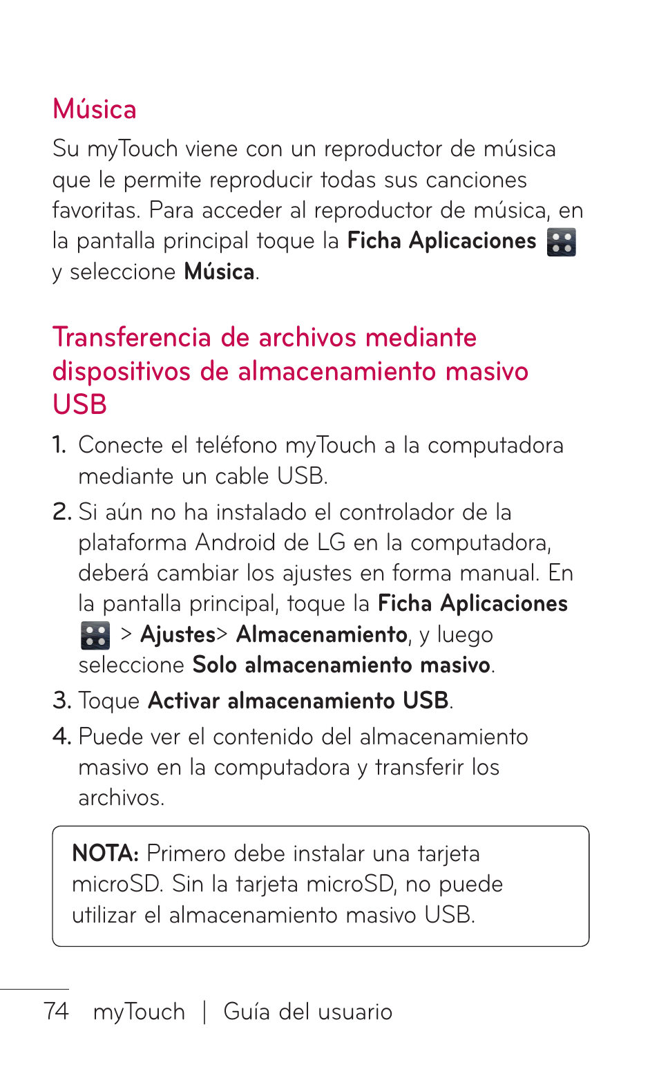 Música, Música transferencia de archivos, Mediante dispositivos de | Almacenamiento masivo | LG LGE739BK User Manual | Page 222 / 312