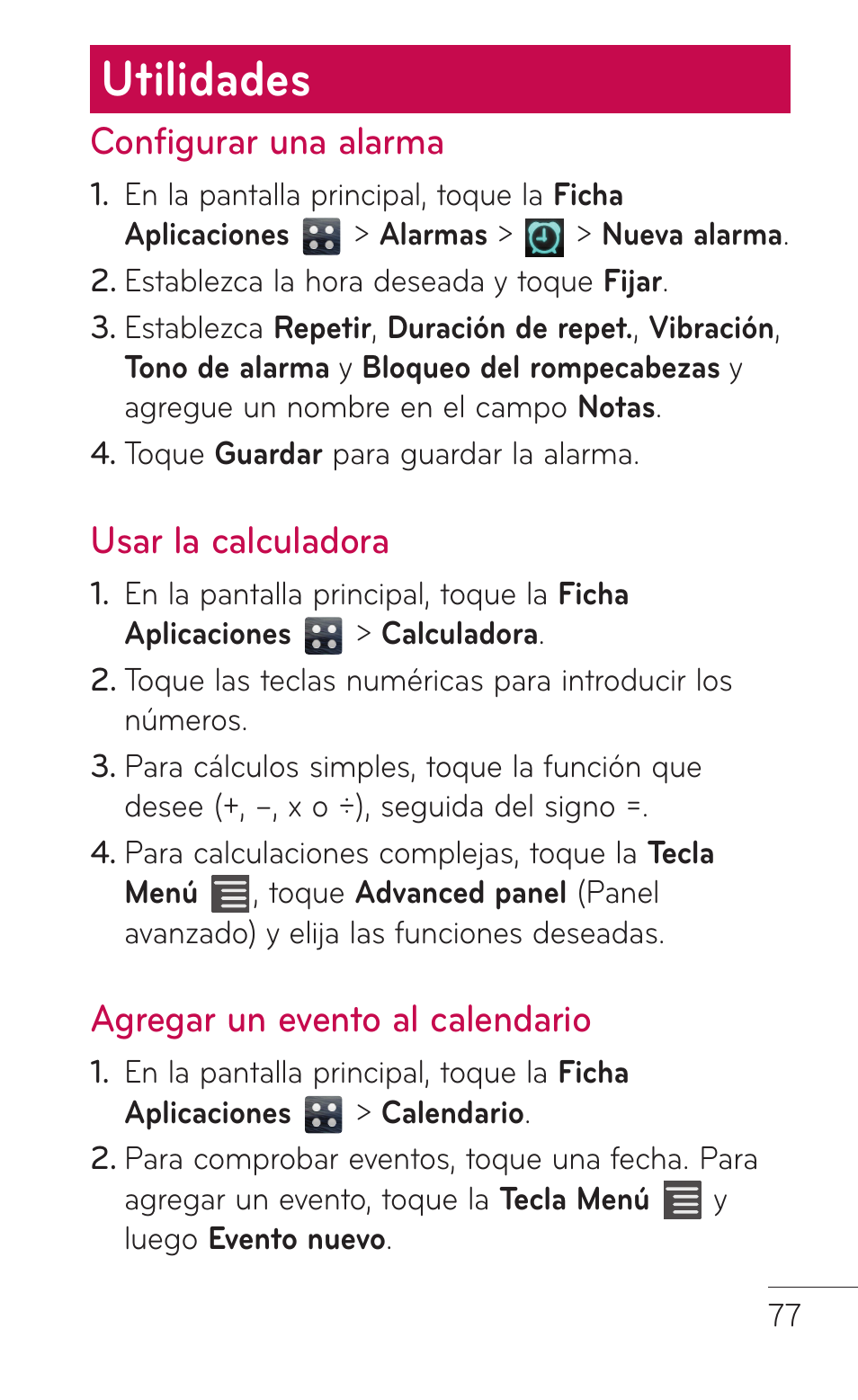 Utilidades, Configurar una alarma, Usar la calculadora | Agregar un evento al calendario, Calendario | LG LGE739BK User Manual | Page 225 / 312