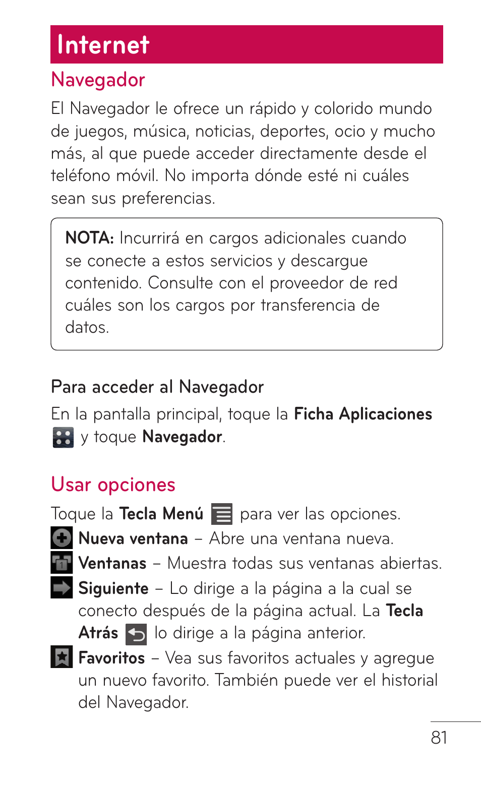 Internet, Navegador, Usar opciones | Navegador usar opciones | LG LGE739BK User Manual | Page 229 / 312