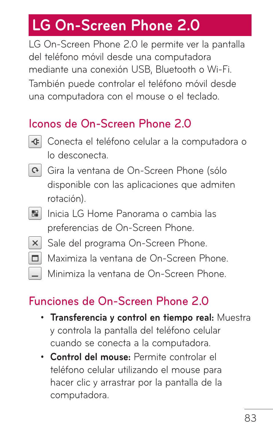 Lg on-screen phone 2.0, Iconos de on-screen phone 2.0, Funciones de on-screen phone 2.0 | Iconos de on-screen, Phone 2.0 funciones de on-screen, Phone 2.0 | LG LGE739BK User Manual | Page 231 / 312