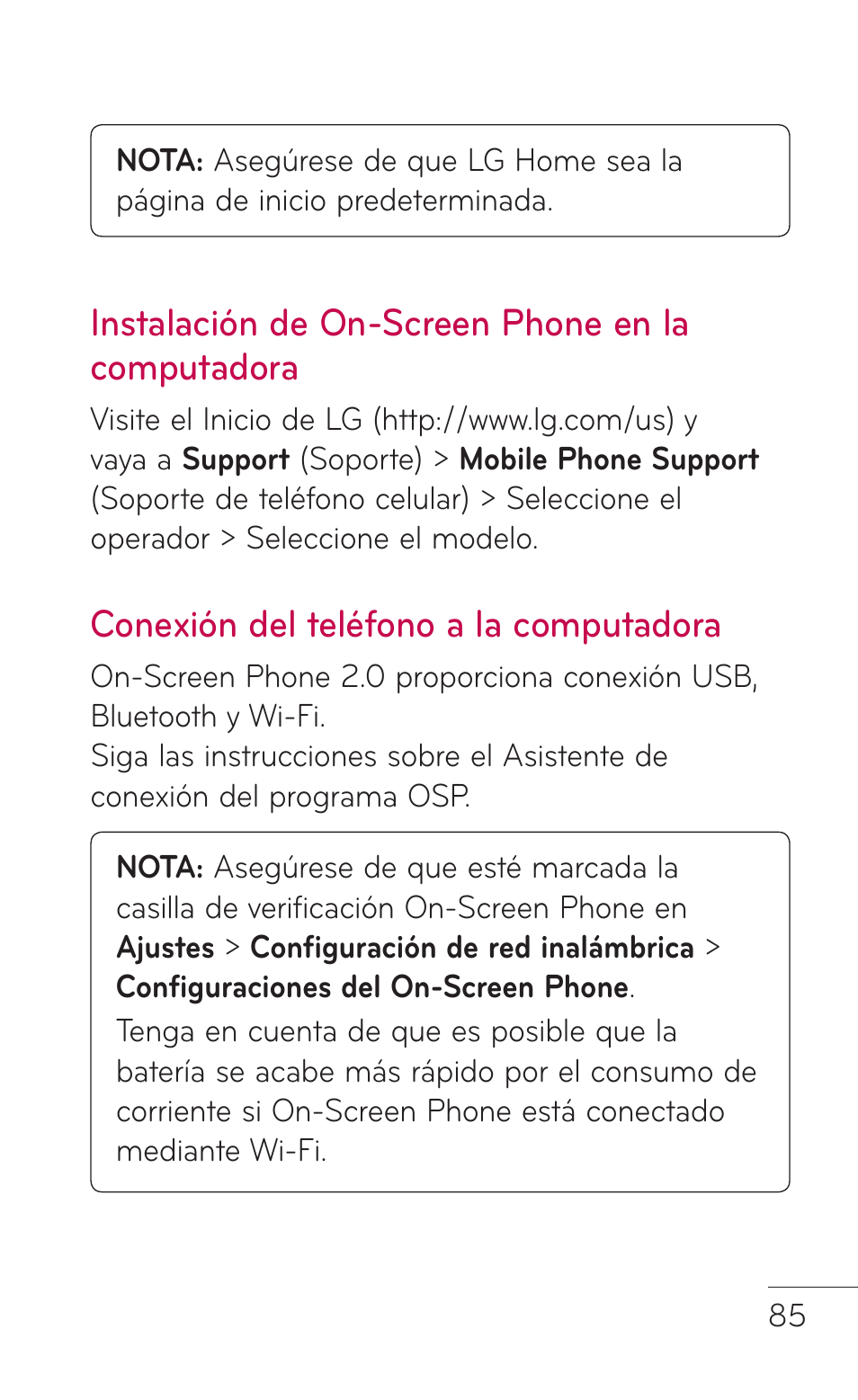 Instalación de on-screen phone en la computadora, Conexión del teléfono a la computadora, Instalación de on-screen | Phone en la, Computadora conexión del teléfono, A la computadora | LG LGE739BK User Manual | Page 233 / 312