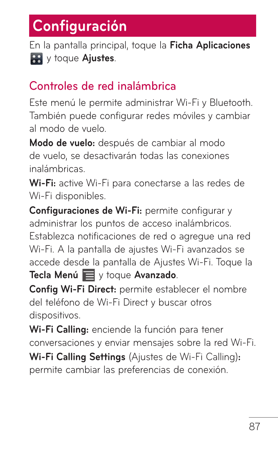 Configuración, Controles de red inalámbrica, Controles de red | Inalámbrica | LG LGE739BK User Manual | Page 235 / 312