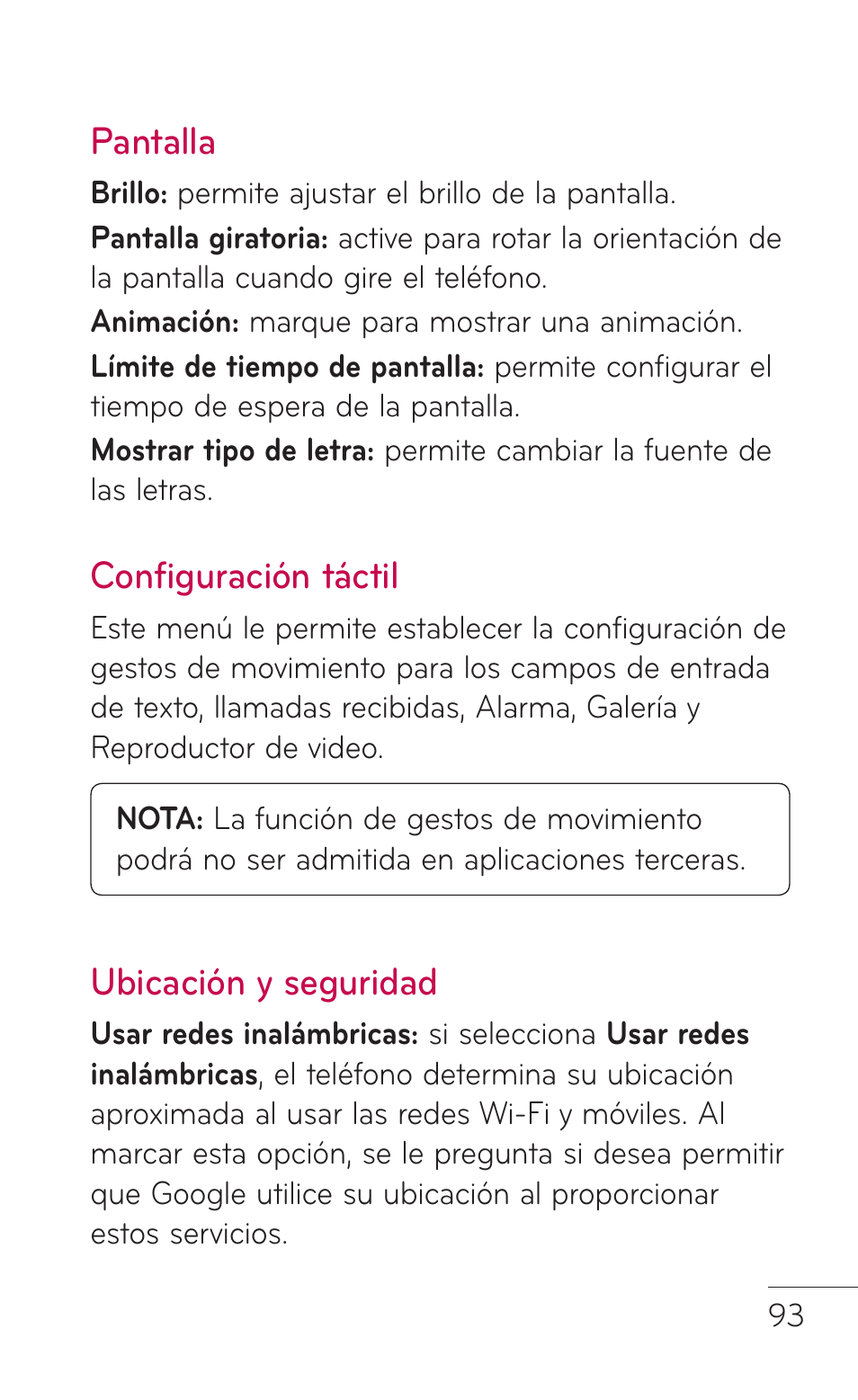 Pantalla, Configuración táctil, Ubicación y seguridad | LG LGE739BK User Manual | Page 241 / 312