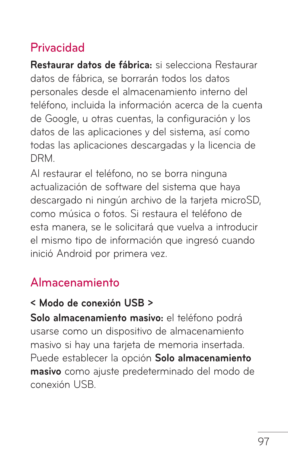 Privacidad, Almacenamiento, Privacidad almacenamiento | LG LGE739BK User Manual | Page 245 / 312