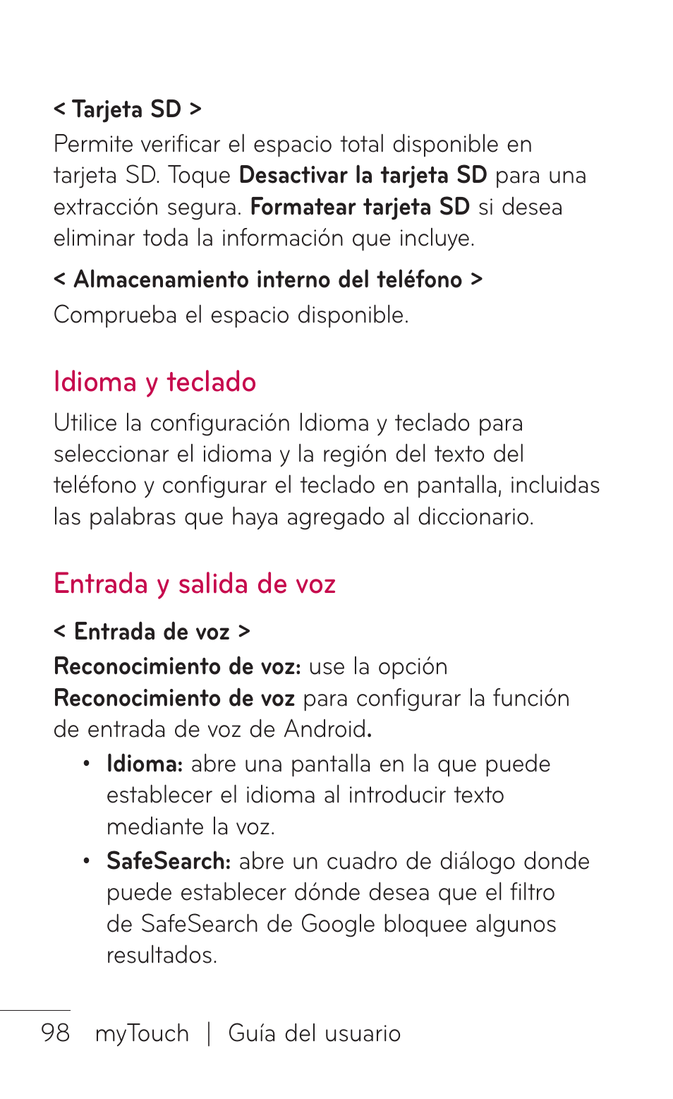 Idioma y teclado, Entrada y salida de voz, Idioma y teclado entrada y salida de voz | LG LGE739BK User Manual | Page 246 / 312