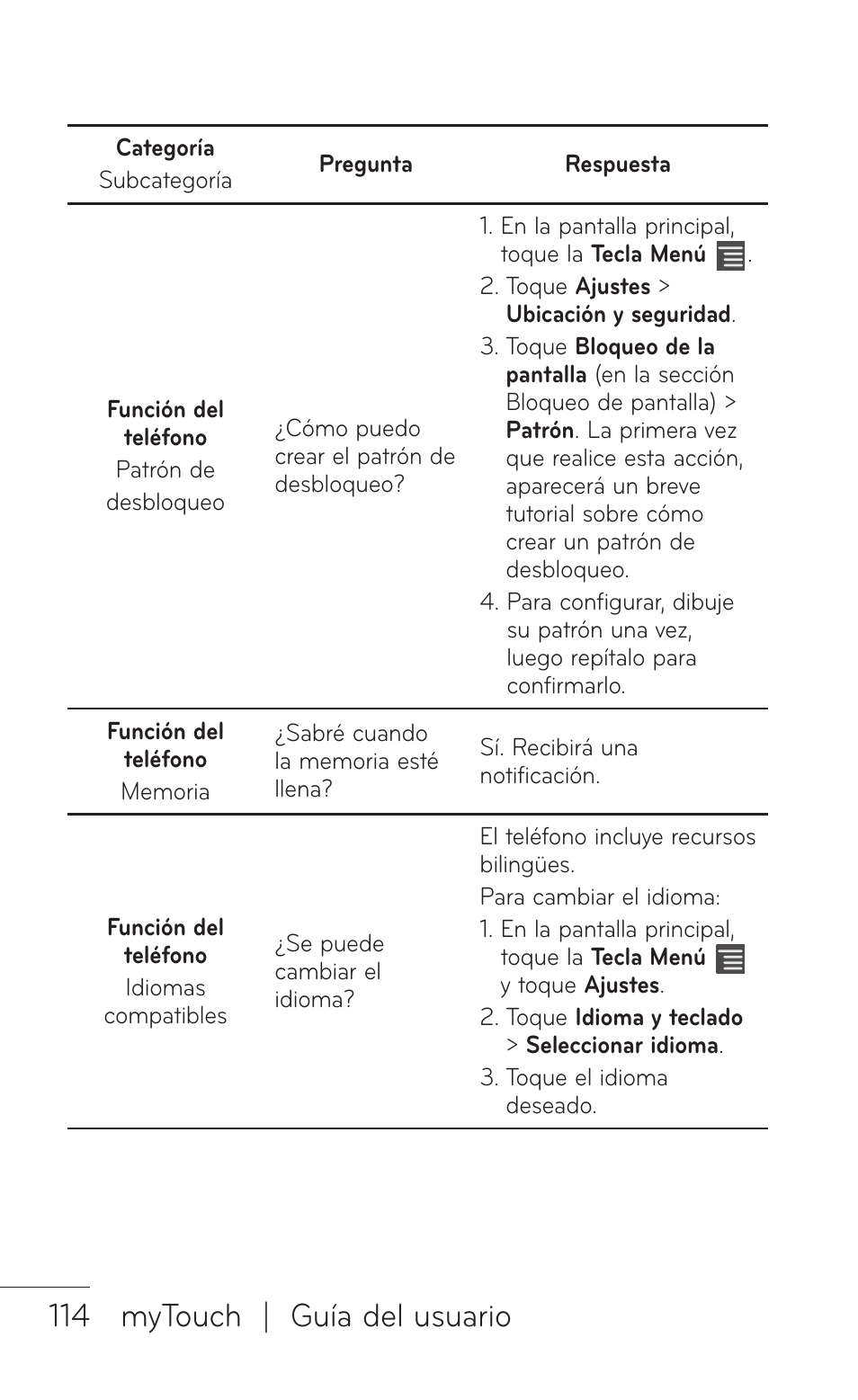 114 mytouch | guía del usuario | LG LGE739BK User Manual | Page 262 / 312